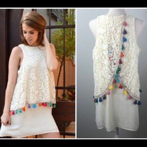 Judith March Lace Top with Rainbow Tassels Cream Size Medium